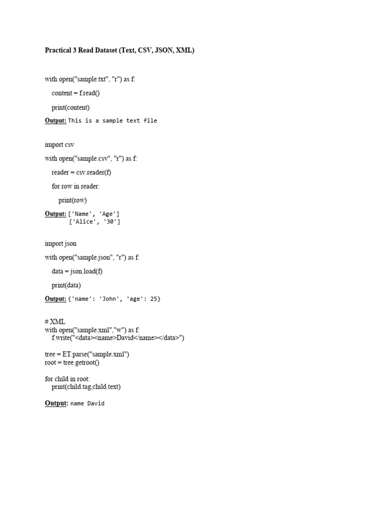Practical 3 Read Dataset (Text, CSV, JSON, XML) : Output | PDF