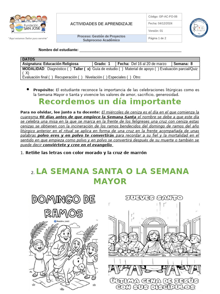 Taller 1 Semana Santa | PDF | Fiestas cristianas y días santos | Prestado