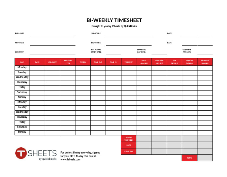 2019 Biweekly Timesheet Template Quickbooks | PDF