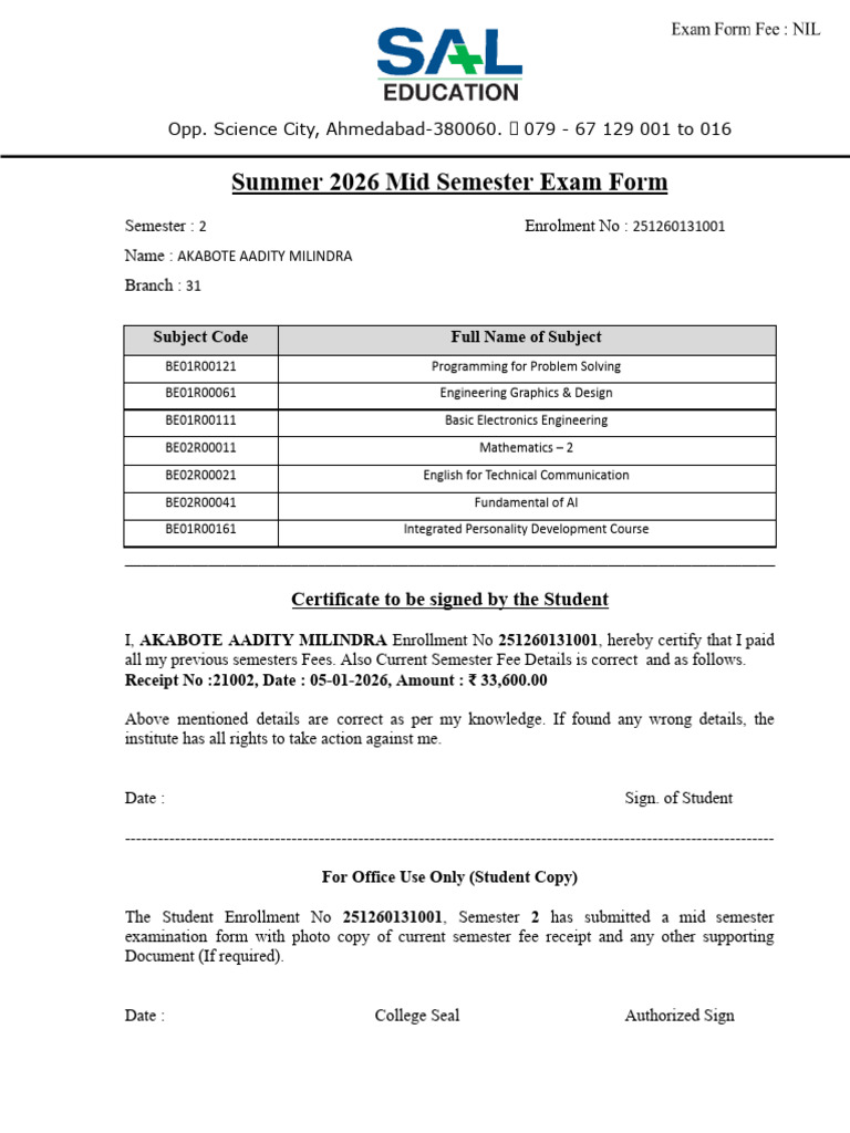 Sem 2 Mid Exam Form | PDF