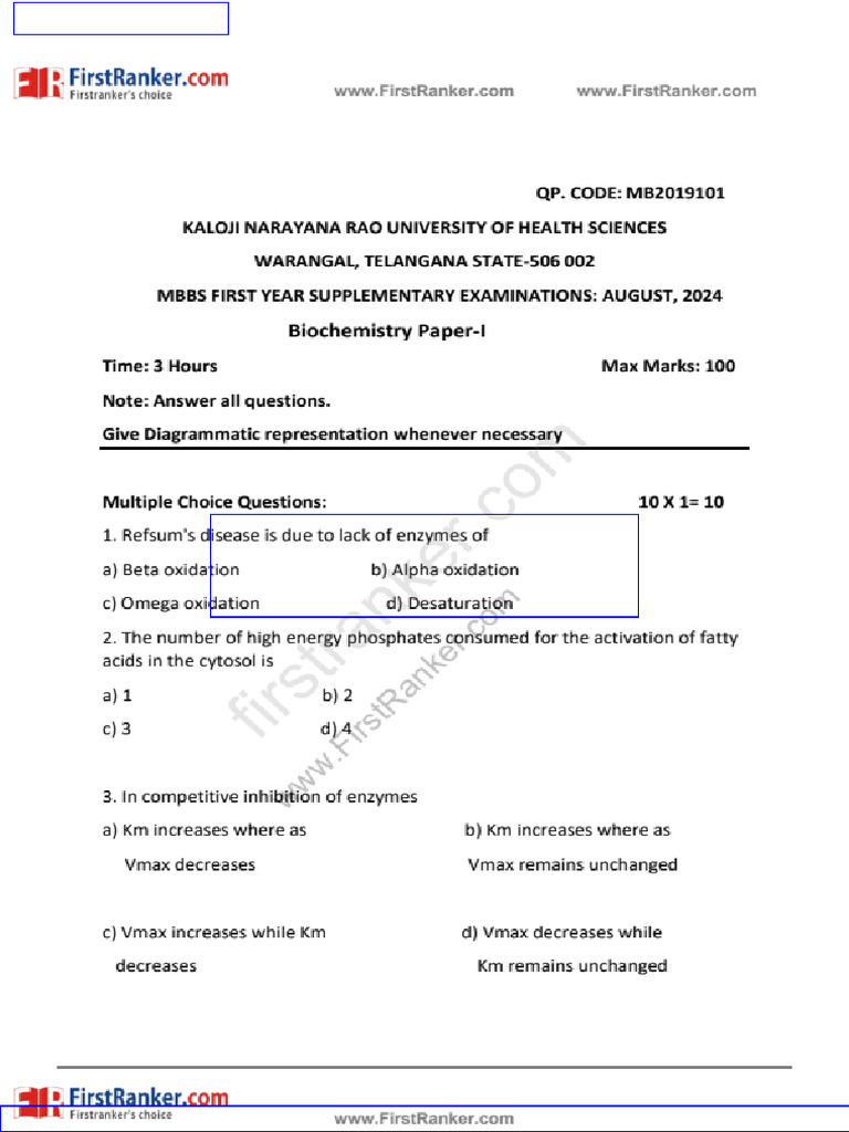FR Mb2019101 Biochemistry Paper I Question Paper | PDF