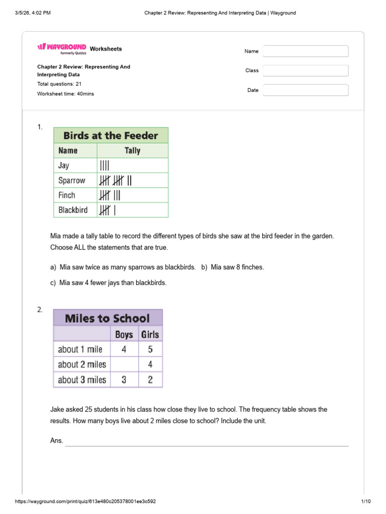 Chapter 2 Review - Representing and Interpreting Data - Wayground March ...