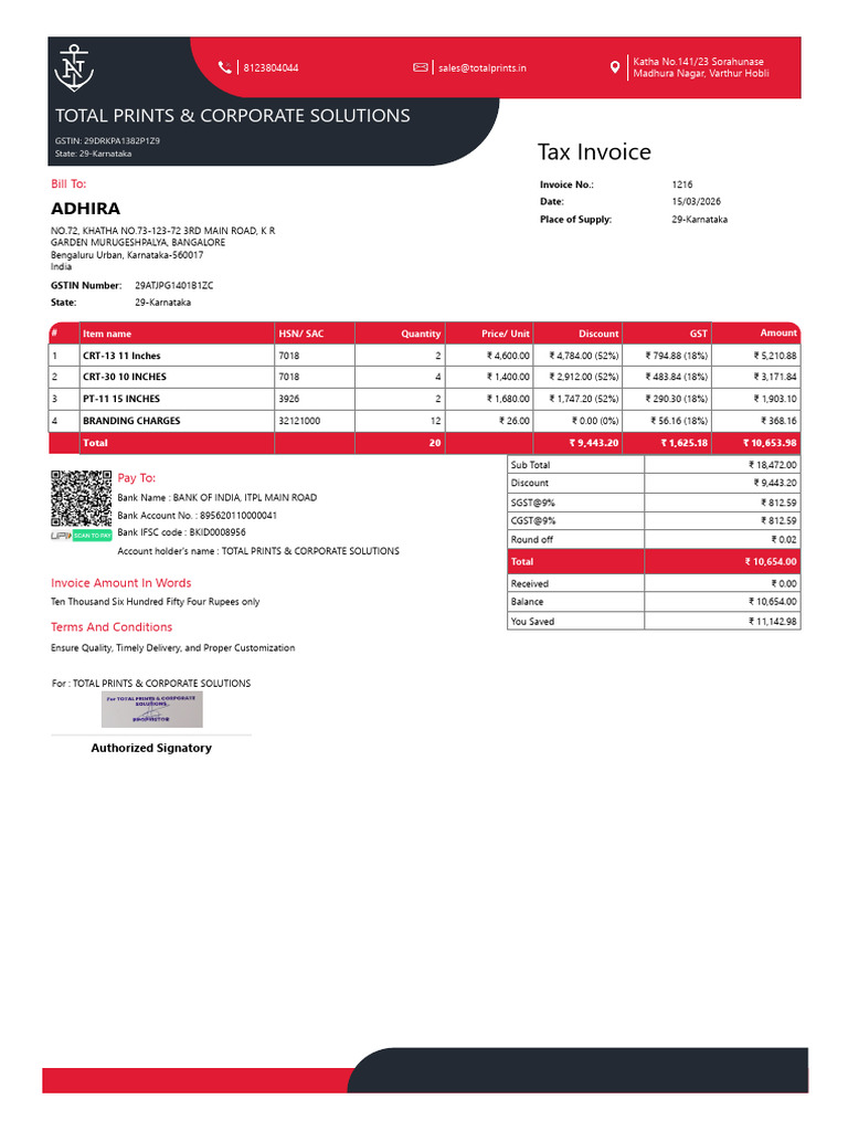 Tax Invoice - 1216 - 15 - 03 - 26 | PDF | Invoice | Economies