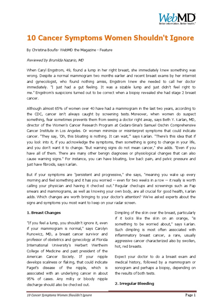 10 Cancer Symptoms Women Shouldnt Ignore | PDF | Breast Cancer | Cancer