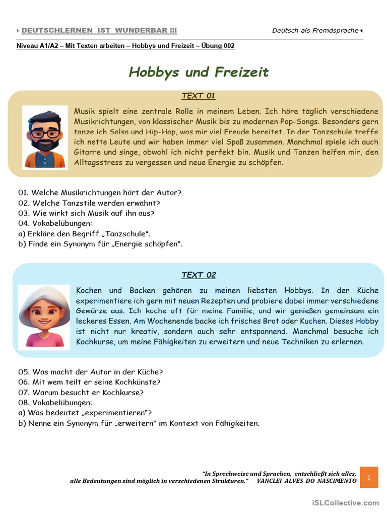 A1 - A2 - Mit Texten Arbeiten - Hobbys Und Freizeit - Übung 002 | PDF