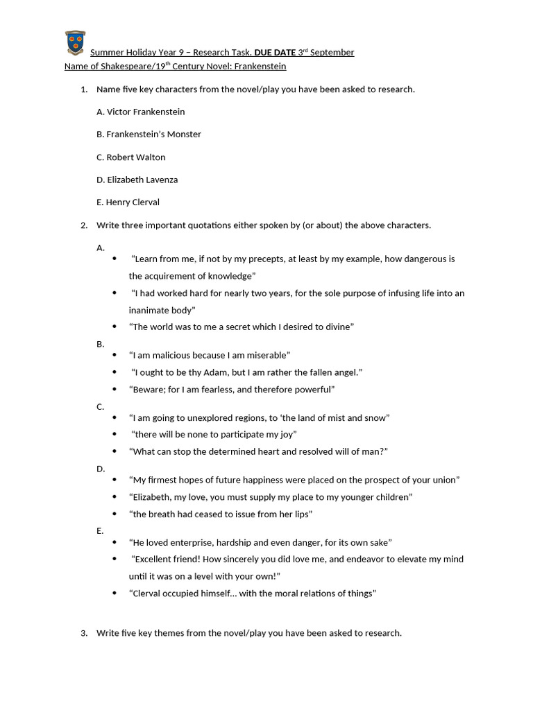 Year 9 Summer Homework - Frankenstein | PDF | Frankenstein