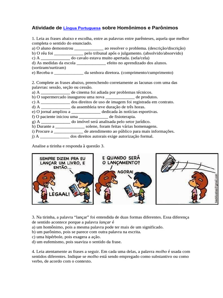 Atividade de Língua Portuguesa Sobre Homônimos e Parônimos | PDF