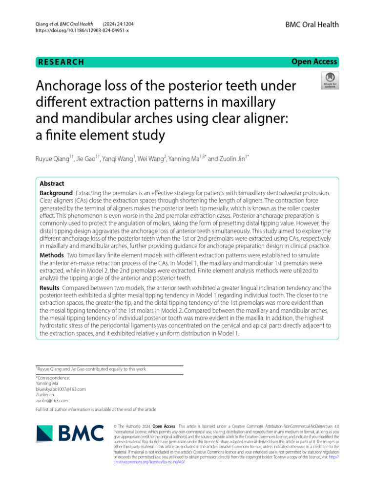 Anchorage Loss of The Posterior Teeth Under Different Extraction ...