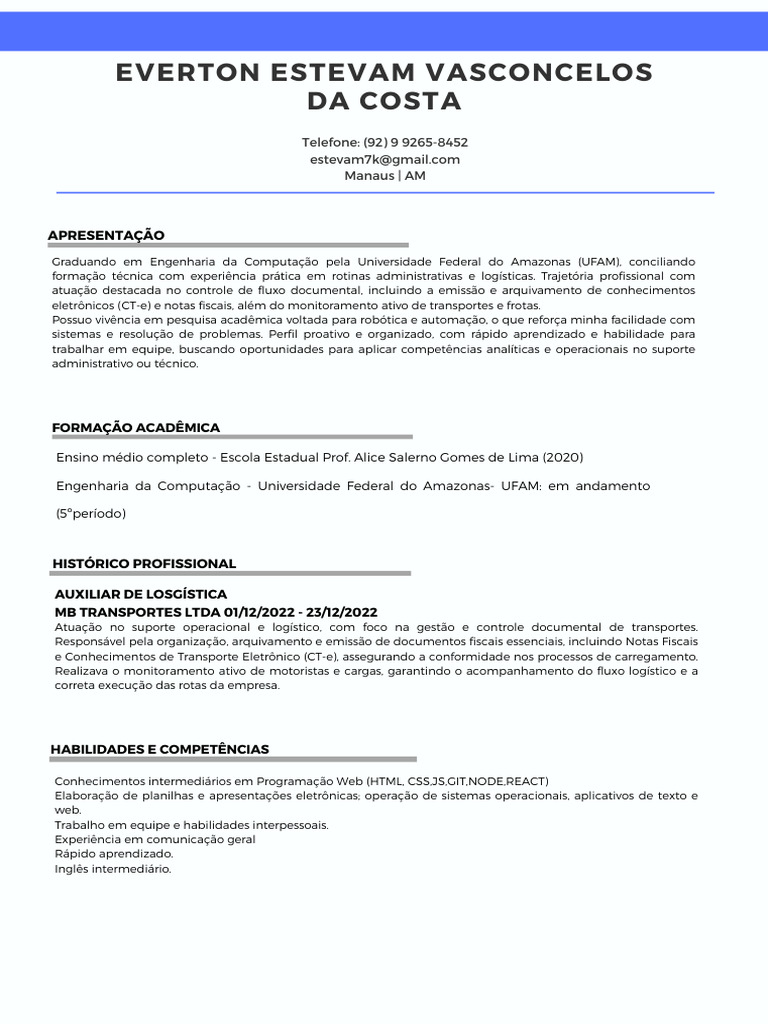 CV - Estevam Costa | PDF | Engenharia da Computação | Robótica