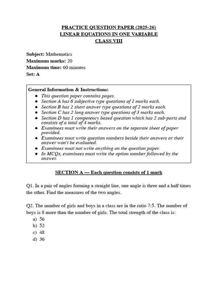 Practice Question Paper (2025-26) | PDF | Elementary Mathematics ...