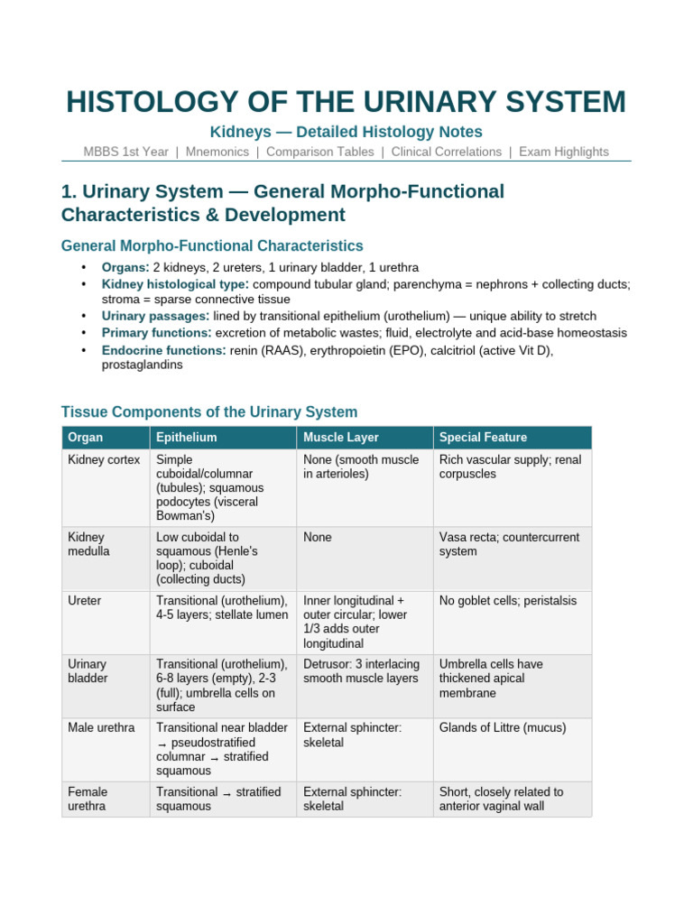 Histo Urinary Notes | PDF | Angiotensin | Kidney