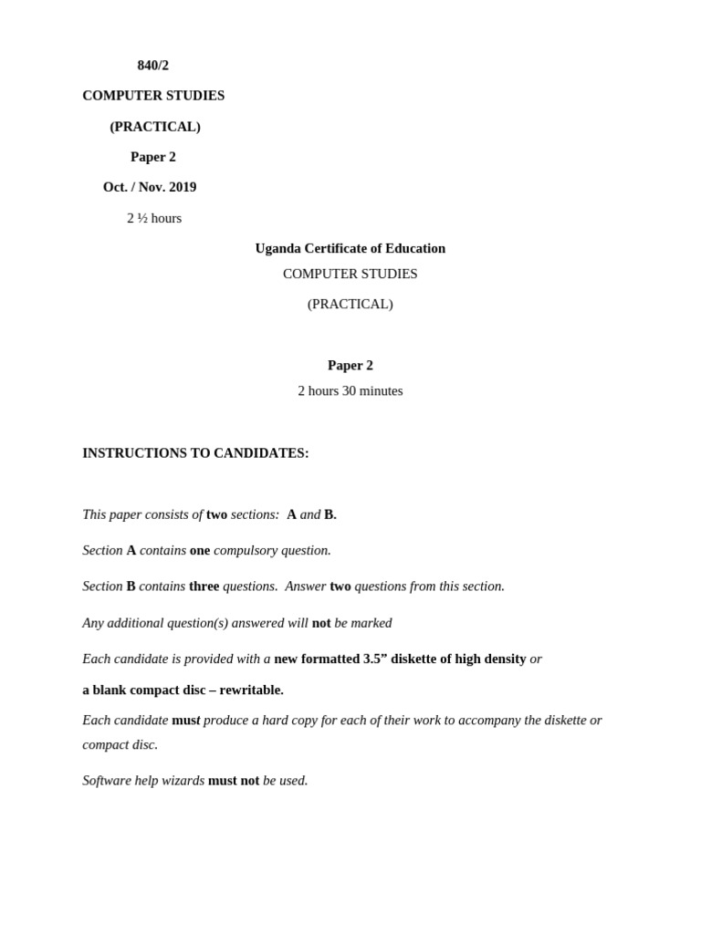 2 Hours: 840/2 Computer Studies (Practical) Paper 2 Oct. / Nov. 2019 ...