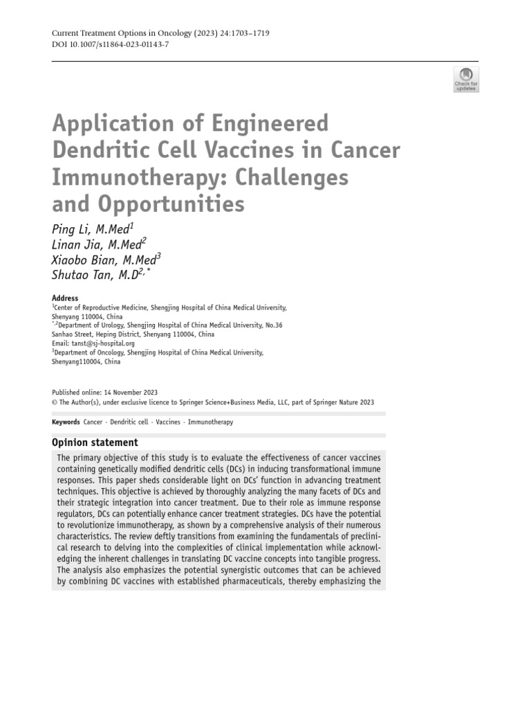 Application of Enginered Dendritic Cell Vaccines | PDF | Dendritic Cell ...