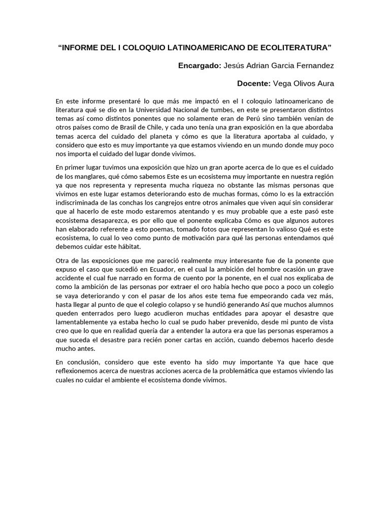 Informe Del I Coloquio Latinoamericano de Ecoliteratura | PDF