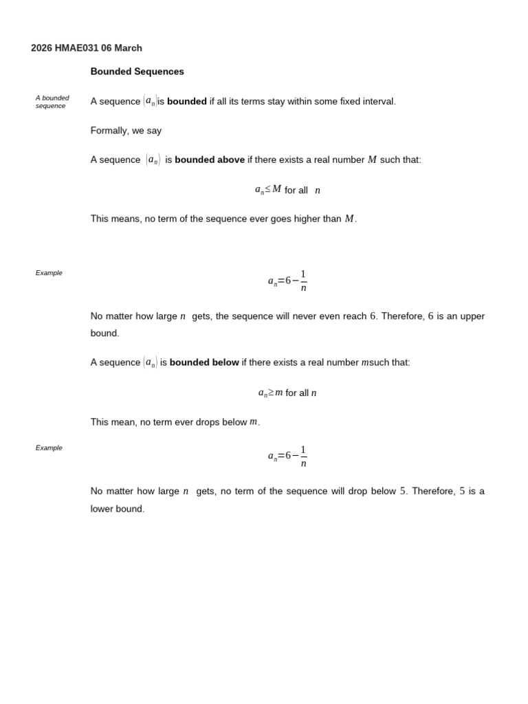 HMAE031 06 March 2026 Sequences | PDF | Sequence | Monotonic Function