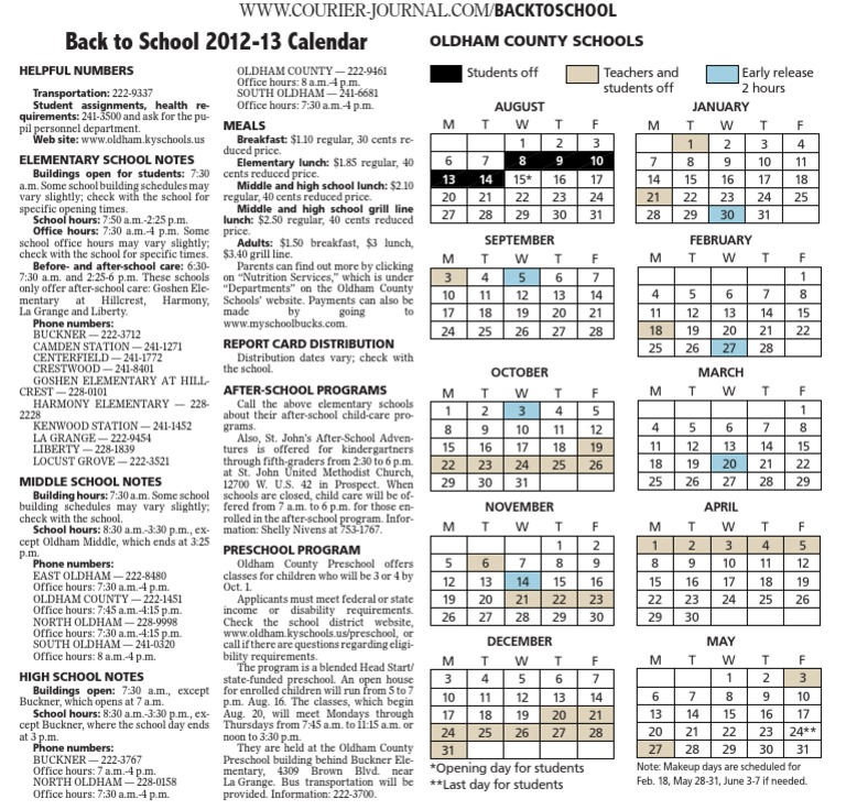 2012-13 Oldham County School Calendar | School Meal | Schools