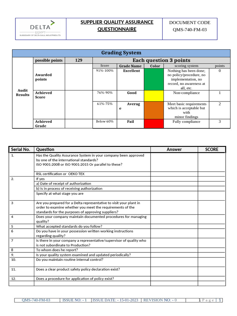 Supplier Audit Questionnaire | PDF | Specification (Technical Standard ...
