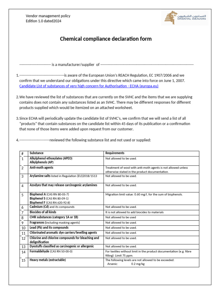 Chemical Compliance Declaration Form | PDF