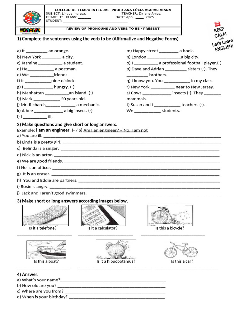 Activity Pronouns and Verb To Be | PDF