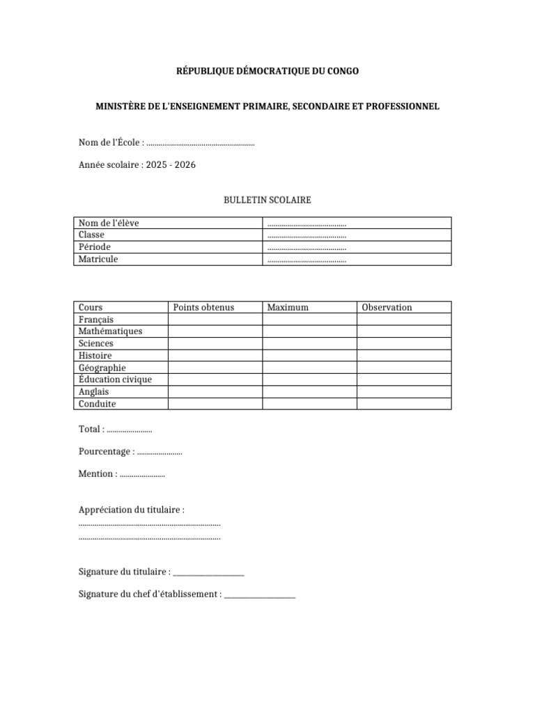 Bulletin Scolaire RDC | PDF