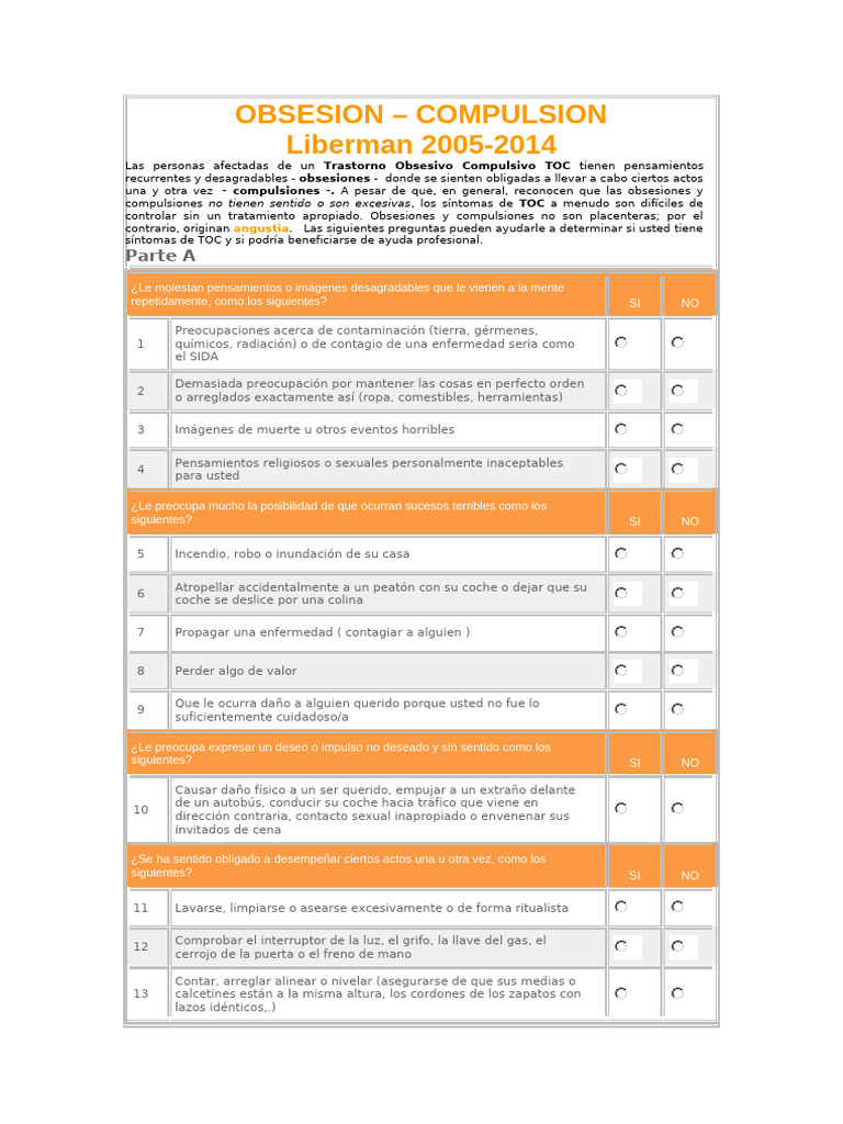Test de Obsesion | PDF | Desorden obsesivo compulsivo | Enfermedades y ...