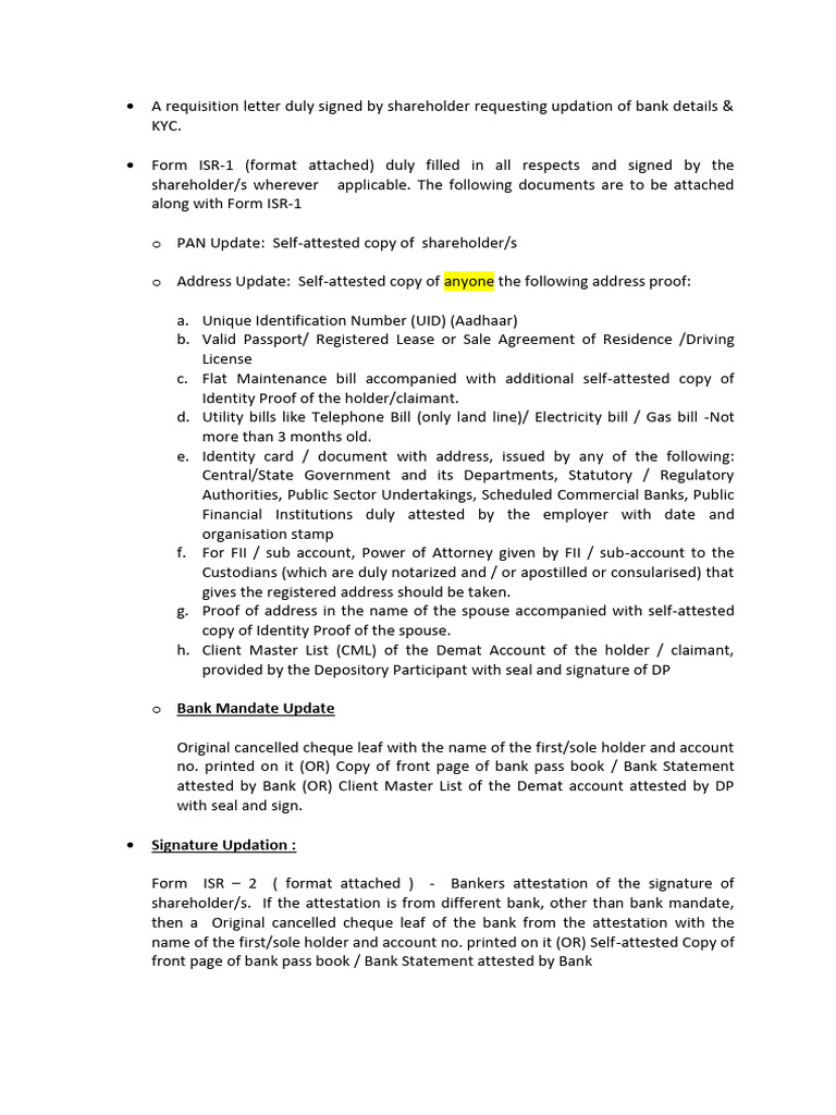 ListofDocuments Updationofkyc | PDF | Identity Document | Access Control