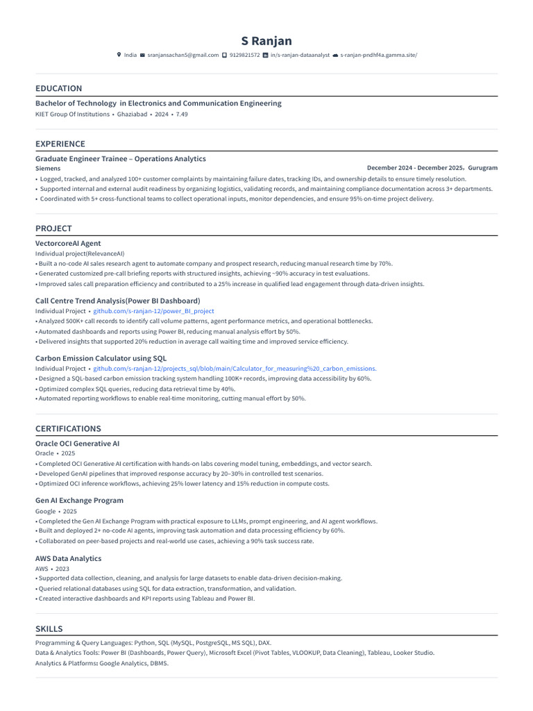 S Ranjan Resume | PDF