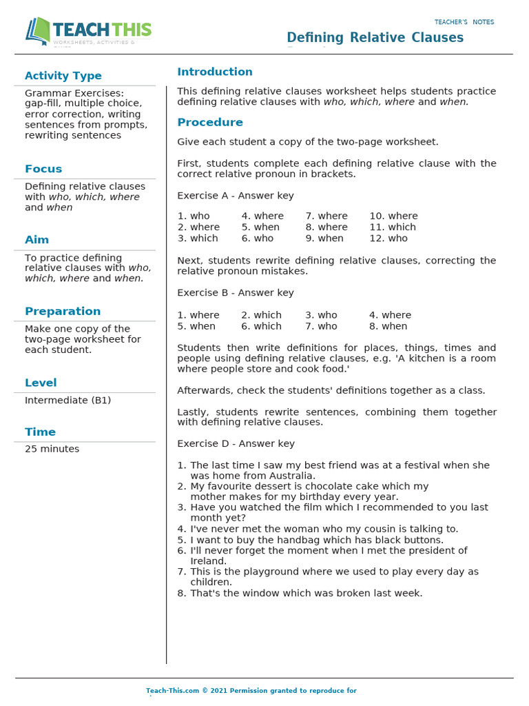 Defining Relative Clauses Practice | PDF | Clause
