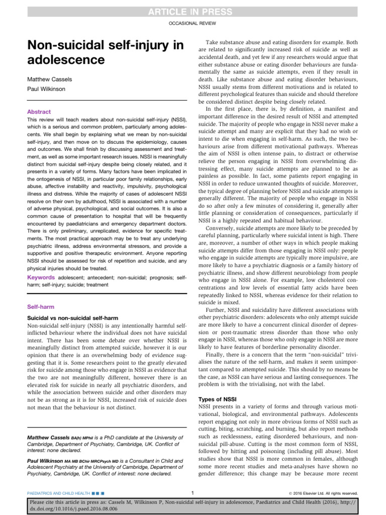 Non-Suicidal Self-Injury in Adolescence | PDF | Self Harm | Borderline ...