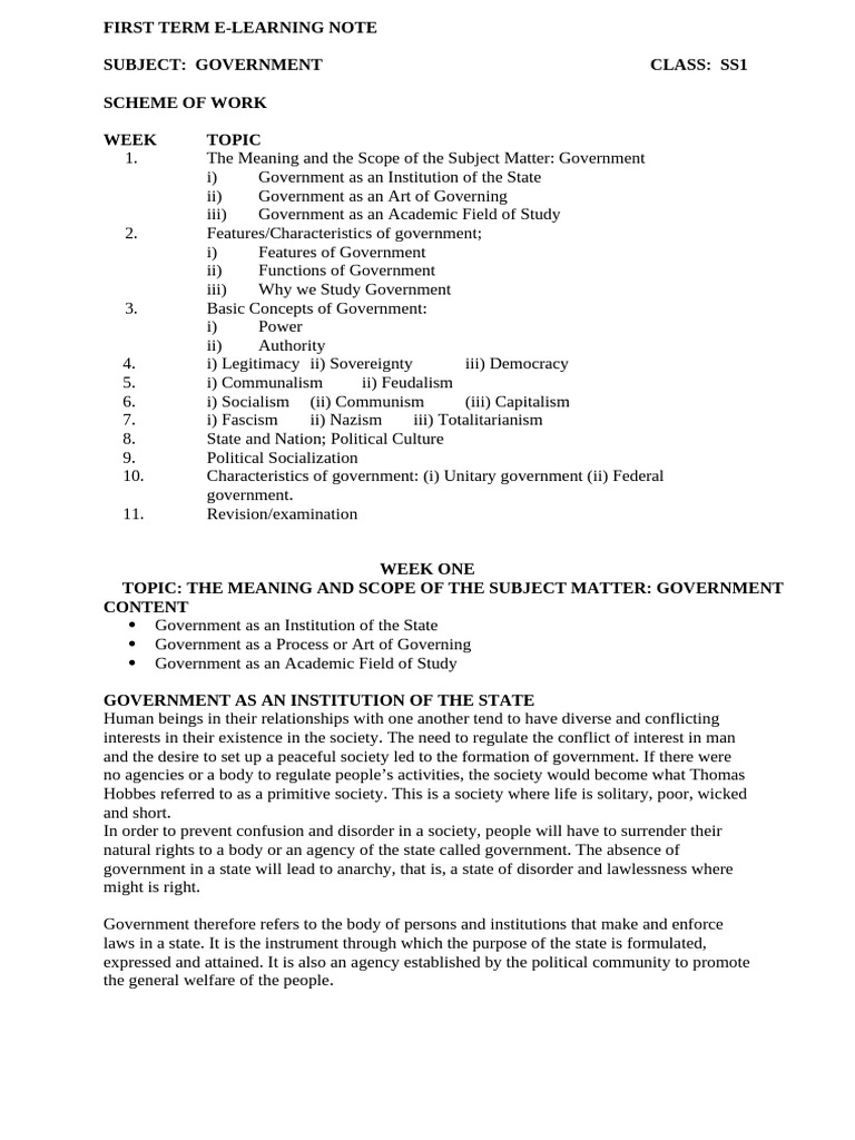 Government Lesson Notes SSS 1 - 3 | PDF