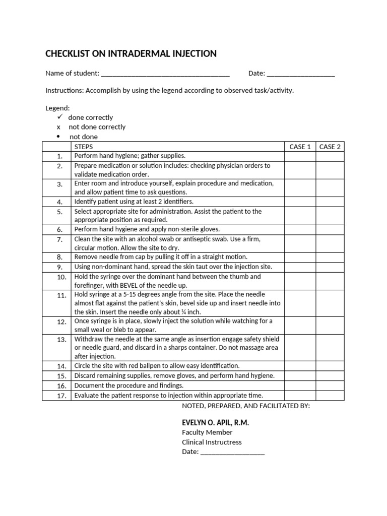 Checklist On Intradermal Injection | PDF