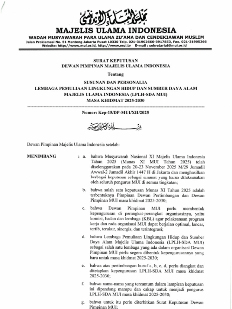 SK Mui Pusat Tentang Susunan Pengurus LPLH Dan Sda Mui 2025-2030 | PDF