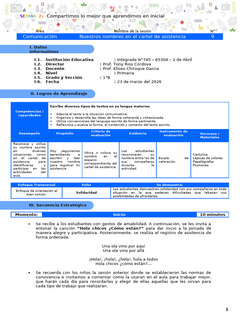Sesión 9 - Nuestros Nombres en El Cartel de Asistencia | PDF | Maestros ...
