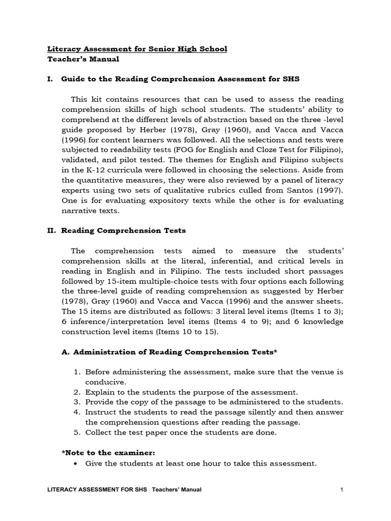 Literacy Assessment For SHS - Teachers' Manual | PDF