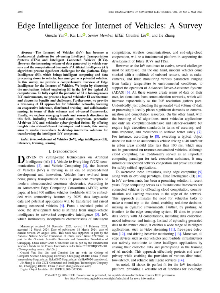 Edge Intelligence For Internet of Vehicles A Survey | PDF | Deep ...