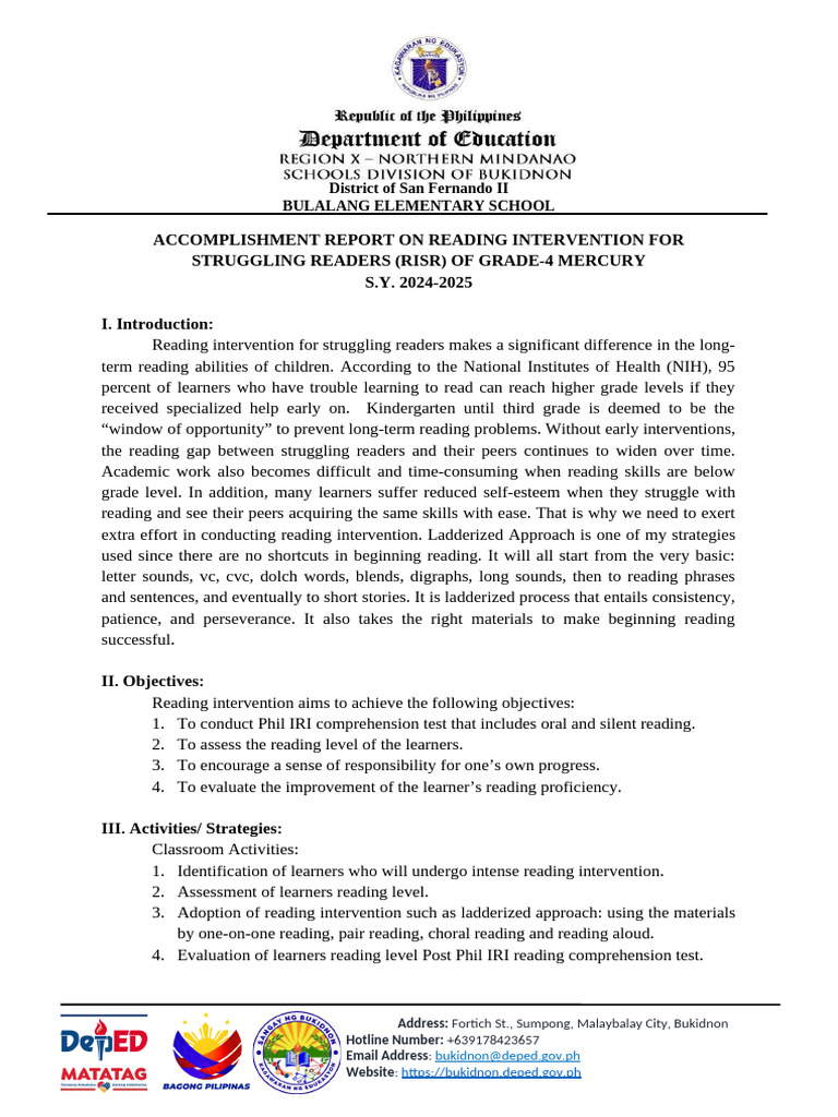 Accomplishment Report of Struggling Readers | PDF | Learning ...