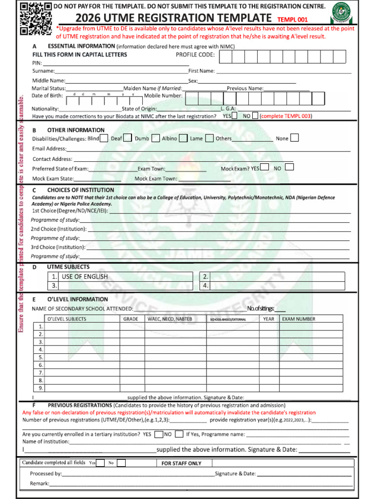 2026 UTME Template | PDF
