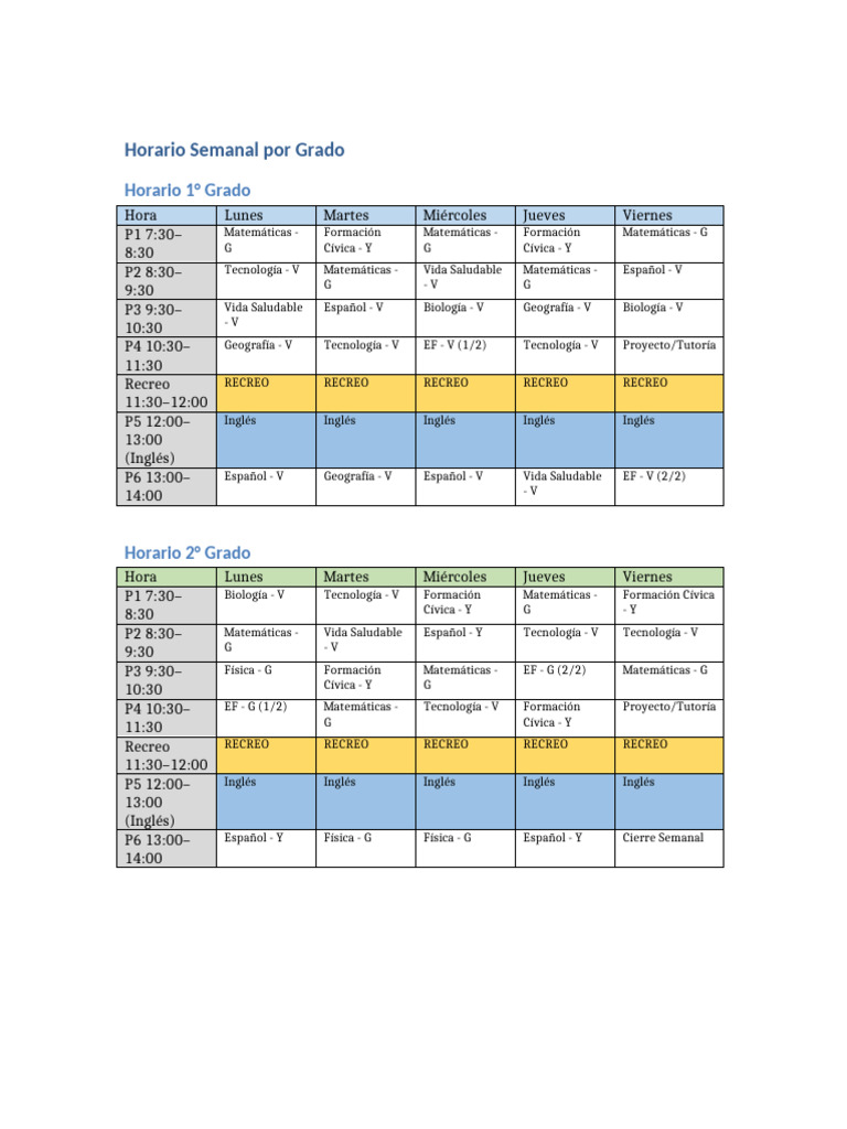 Horario Secundaria Por Grado Colores | PDF