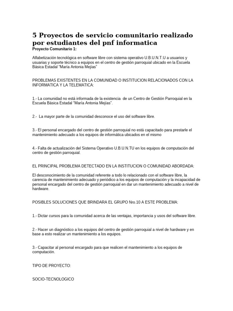 5 Proyectos de Servicio Comunitario Realizado Por Estudiantes Del PNF ...
