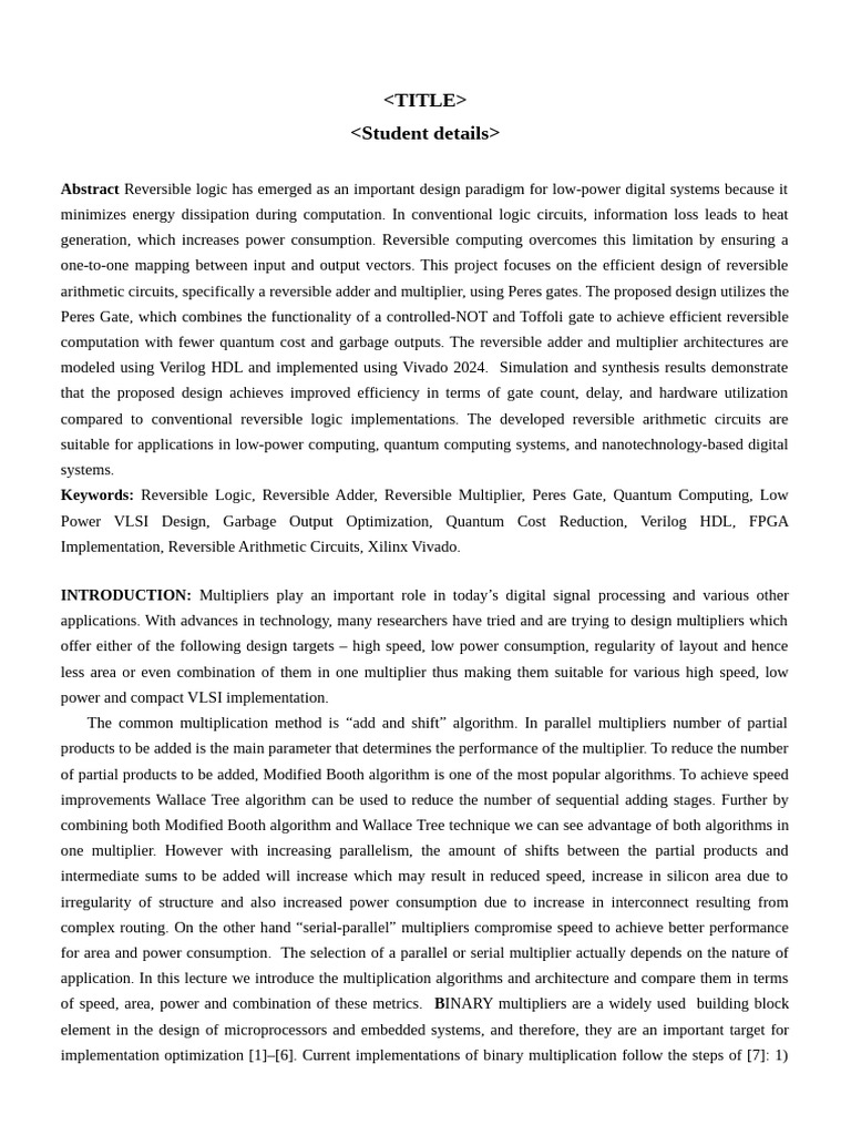 Paper - Efficient Design of Reversible Adder and Multiplier Using Peres ...