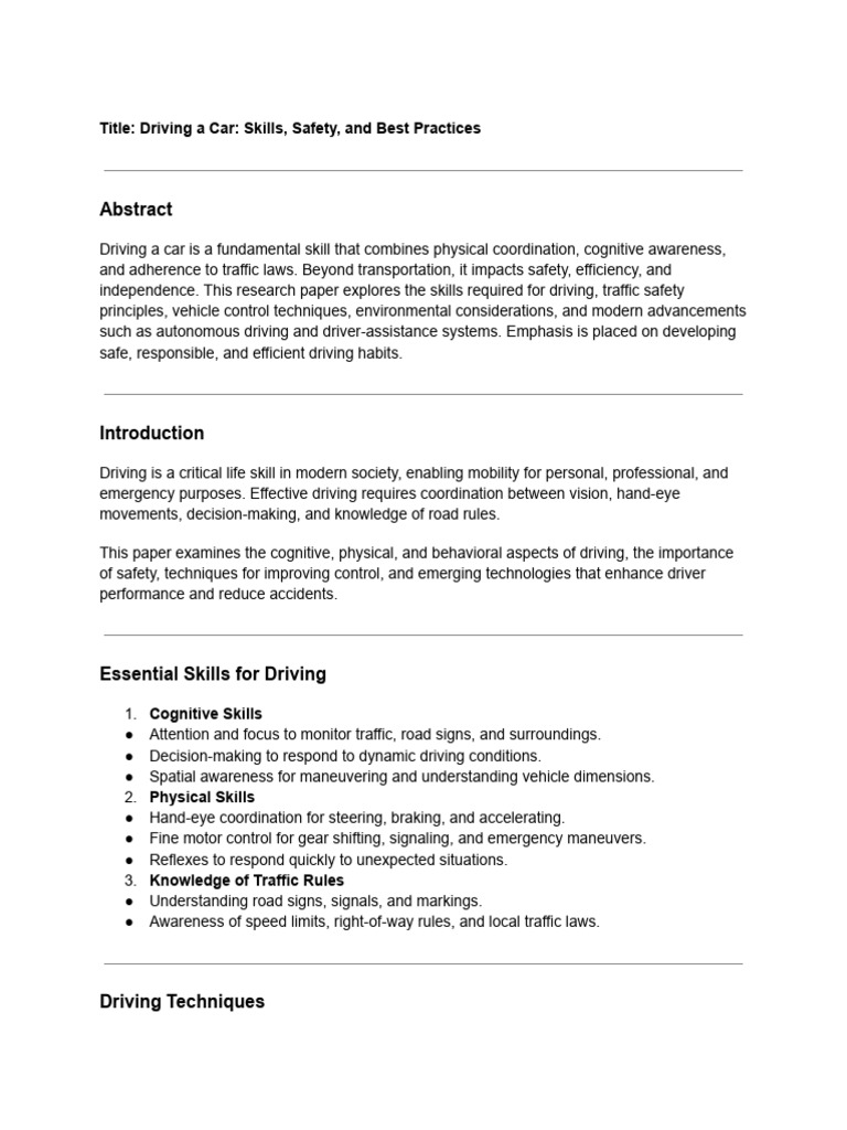 Title - Driving A Car - Skills, Safety, and Best Practices | PDF ...