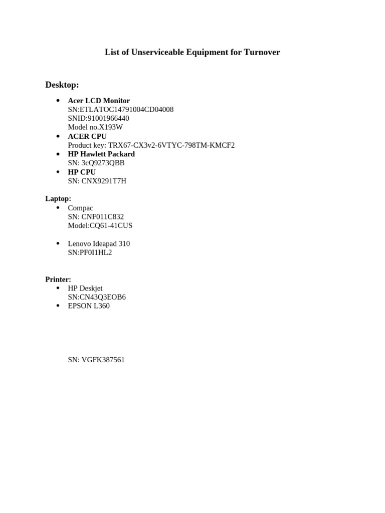 List of Unserviceable Equipment For Turnover | PDF