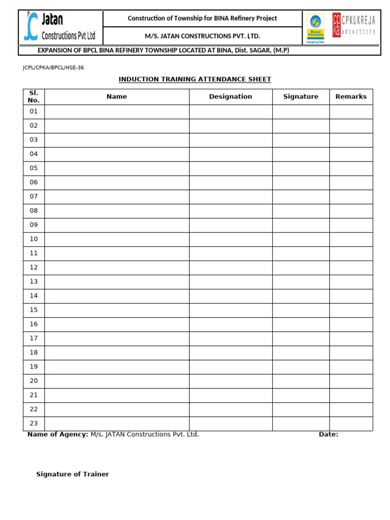 Induction Training Attendance Sheet | PDF
