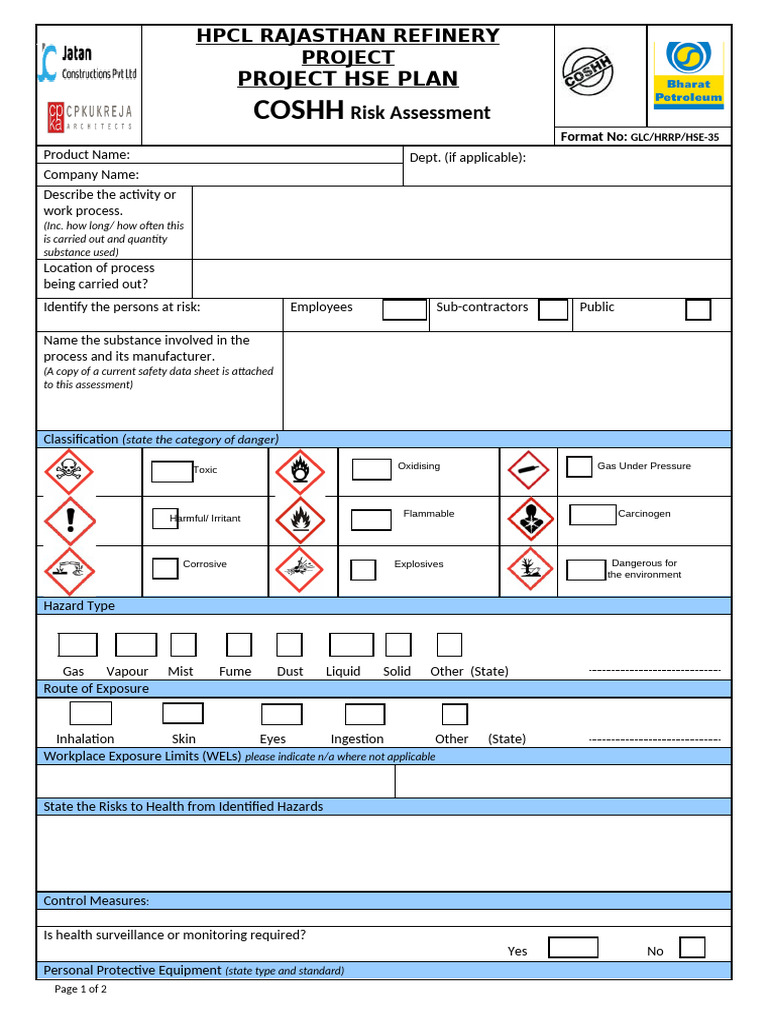 COSHH Assessment Form | PDF | Personal Protective Equipment | Safety