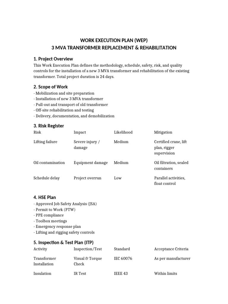 Work Execution Plan 3MVA Transformer | PDF