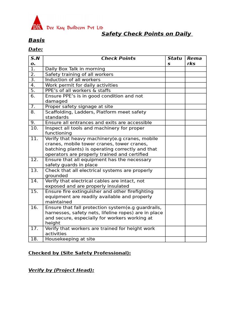 Safety Check Points On Daily Basis | PDF