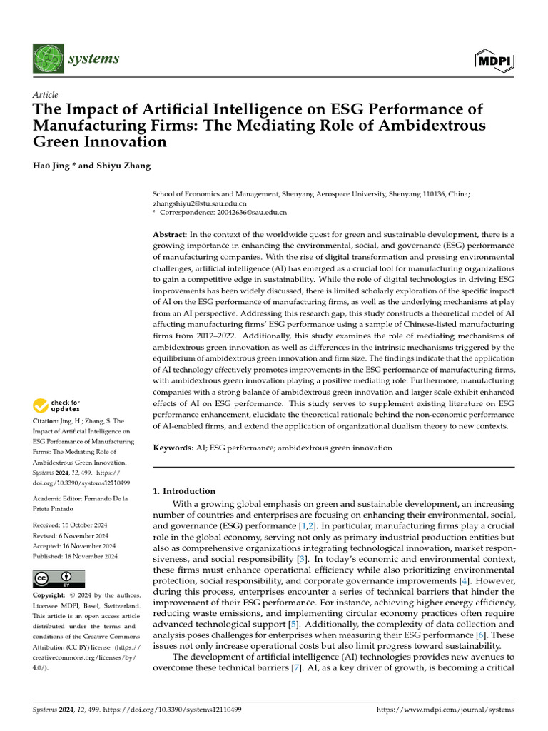 The Impact of Artificial Intelligence On ESG Performance of | PDF ...