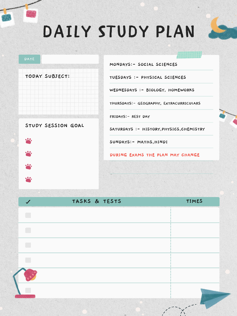 Cute Daily Study Plan With Illustration | PDF