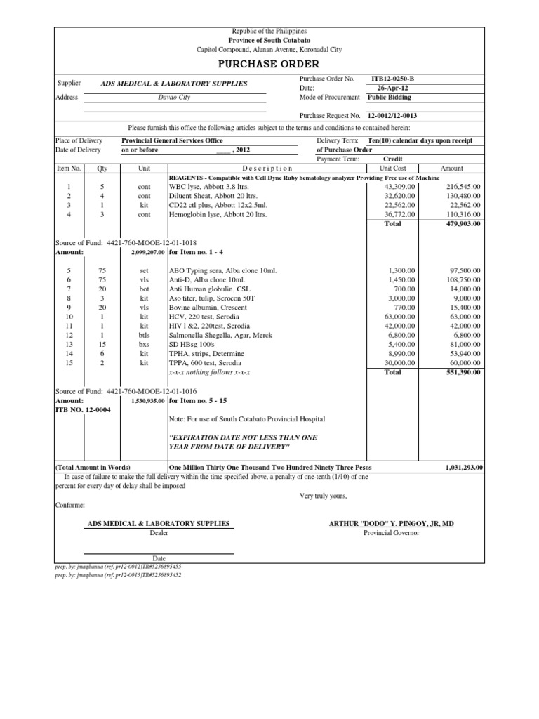 South Cotabato Medical Supplies Purchase Order | PDF | Procurement | Tire