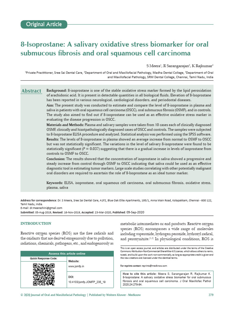 8 Isoprostane A Salivary Oxidative Stress Biomarker For Oral | PDF ...